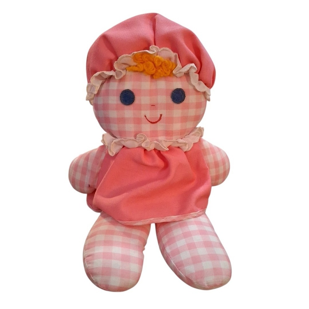 Vtg Fisher-Price 12" Lolly Doll Pink Gingham Plaid Cloth Baby Toy Rattle 1975